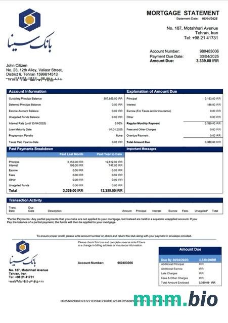 Iran Bank Sina wyciąg z kredytu hipotecznego szablon Word i PDF